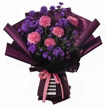 A striking bouquet featuring full pink chrysanthemums and delicate purple asters. It is elegantly wrapped in deep purple paper with a modern black and white striped accent at the base. The arrangement is tied with a pink ribbon bow, creating a full, rounded shape. This sophisticated bouquet is perfect for birthdays, anniversaries, or as a thoughtful thank-you gesture.